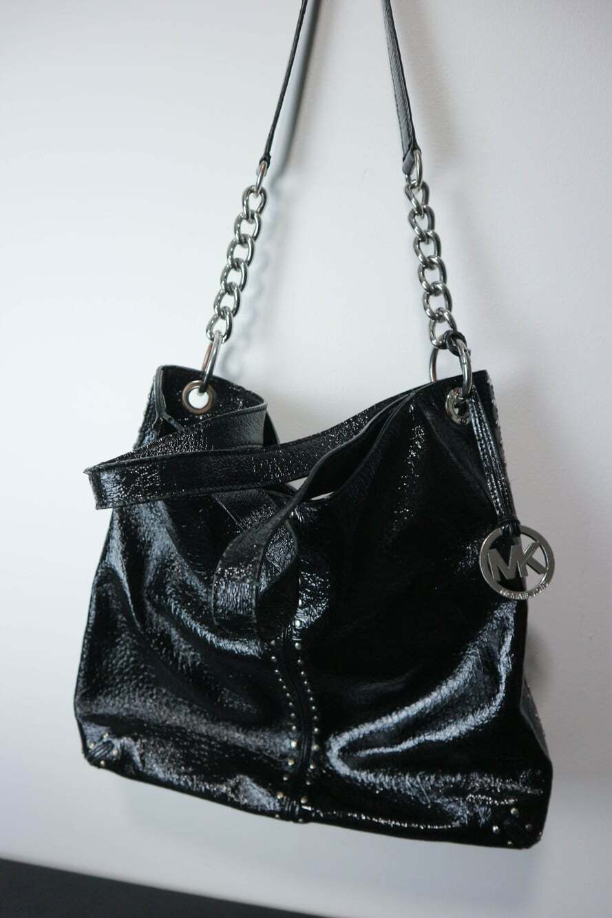 Michael Kors Uptown Astor Shoulder Bag Black Patent Leather Silver Chain Studded